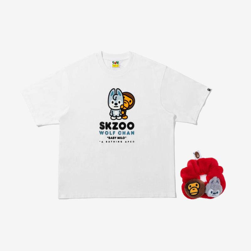 STRAY KIDS - [SET] BAPE X Stray Kids WOLF CHAN BABY MILO TEE M (Bang Chan) + SCRUNCHIES (RED)